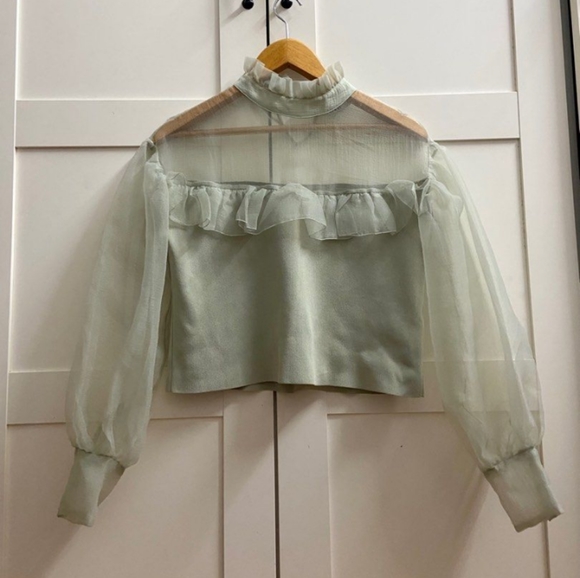 🆕ZARA | Organza Knit Top Sea Foam Green Ruffle Sheer Sweater Top Size Large - Picture 3 of 16